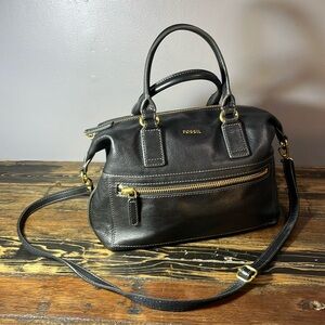 Fossil black carry bag pebbled leather over shoulder 36” strap
